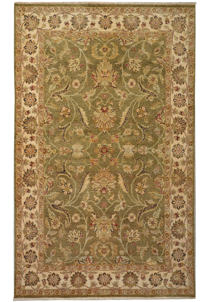 An oriental-style area rug with an intricate floral and vine pattern, featuring a muted olive green center field, beige borders, and accents of rust red and brown.