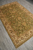Load image into Gallery viewer, An oriental-style area rug with an intricate floral and vine pattern in olive green, beige, and rust red, shown laid out on a gray wood-look floor.