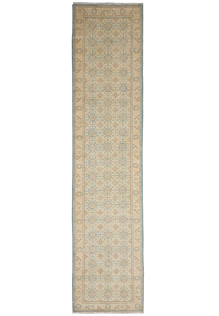 2.9 x 12'  Chobi Peshawar Natural Wool Aqua Green Runner 