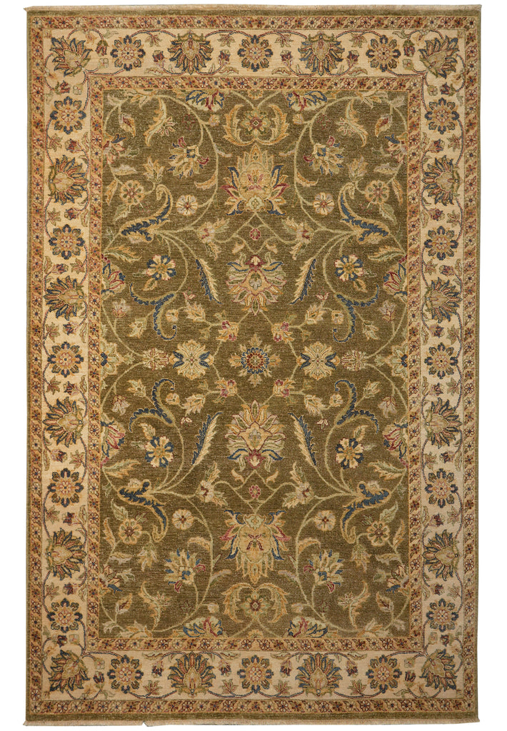 An oriental-style area rug with an intricate floral and vine pattern, featuring a dominant olive green center field, beige borders, and accents of blue, red, and gold.