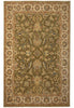 Load image into Gallery viewer, An oriental-style area rug with an intricate floral and vine pattern, featuring a dominant olive green center field, beige borders, and accents of blue, red, and gold.