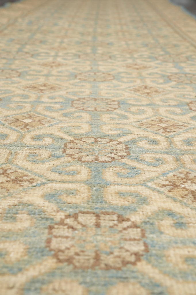 2.9 x 12'  Chobi Peshawar Natural Wool Aqua Green Runner 