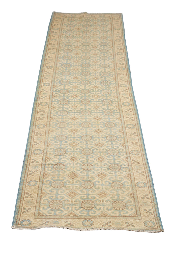 2.9 x 12'  Chobi Peshawar Natural Wool Aqua Green Runner 