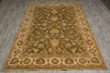 Load image into Gallery viewer, An oriental-style area rug with an intricate floral and vine pattern, displayed flat on a gray wood-look floor. The rug features a dark olive-green center field, a beige and gold border, and accents of red and blue in the floral motifs.