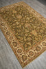 Load image into Gallery viewer, An oriental-style area rug with an intricate floral and vine pattern, shown laid out on a gray wood-look floor. The rug features a dominant olive-brown center field, a beige border, and accents of blue, red, and gold in the detailed floral motifs.