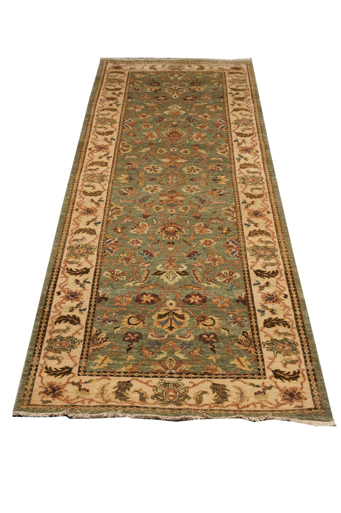 3.8 x 11.3 Handmade Chobi Peshawar Wide Runner Green #PIX-10295