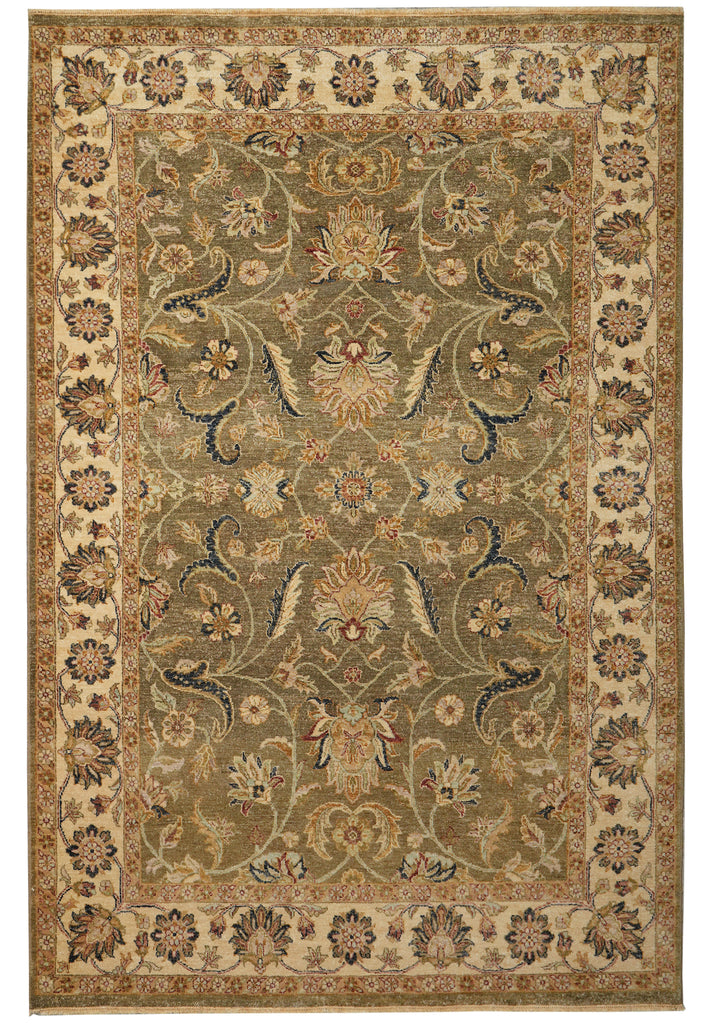 An ornate traditional area rug with a central medallion and floral motifs, featuring a warm olive green center field, beige borders, and accents of blue, rust, and cream.