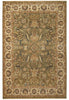 Load image into Gallery viewer, An ornate traditional area rug with a central medallion and floral motifs, featuring a warm olive green center field, beige borders, and accents of blue, rust, and cream.