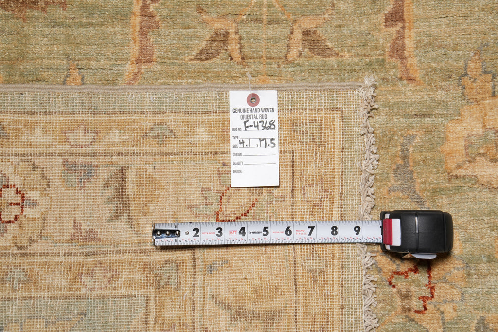 4.1 x 17.5 Long Wide Runner Chobi Peshawar Handmade Pakistan Light Pale Washout Green #F-4368