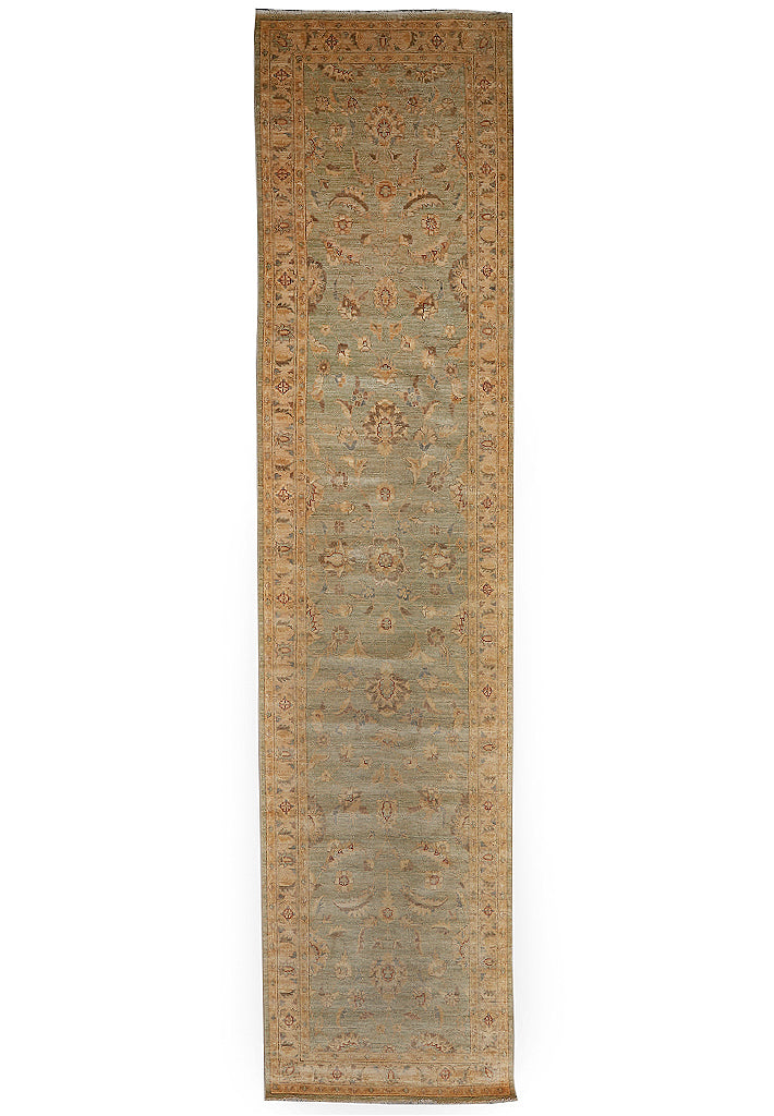 4.1 x 17.5 Long Wide Runner Chobi Peshawar Handmade Pakistan Light Pale Washout Green #F-4368