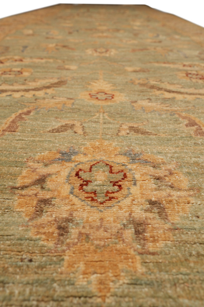4.1 x 17.5 Long Wide Runner Chobi Peshawar Handmade Pakistan Light Pale Washout Green #F-4368