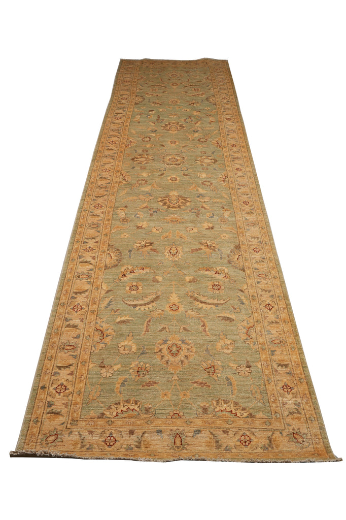 4.1 x 17.5 Long Wide Runner Chobi Peshawar Handmade Pakistan Light Pale Washout Green #F-4368