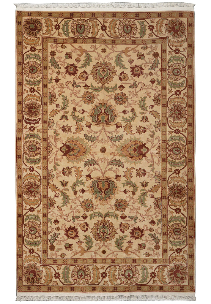 A rectangular traditional area rug with an intricate floral and medallion pattern, featuring a beige center, brown borders, and muted green and rust accents, finished with white fringe on the top and bottom.