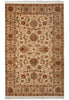 Load image into Gallery viewer, A rectangular traditional area rug with an intricate floral and medallion pattern, featuring a beige center, brown borders, and muted green and rust accents, finished with white fringe on the top and bottom.