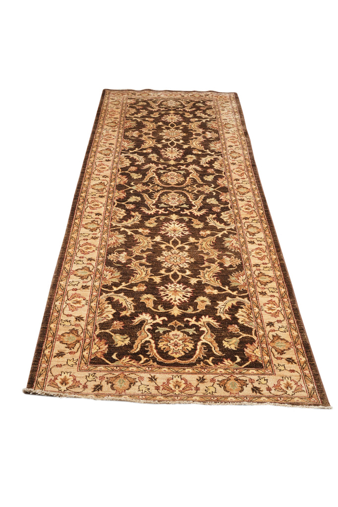 4 x 12.3 Dark Brown Chobi Peshawar Rug Handmade Fine Ghazni Wool #F-4369