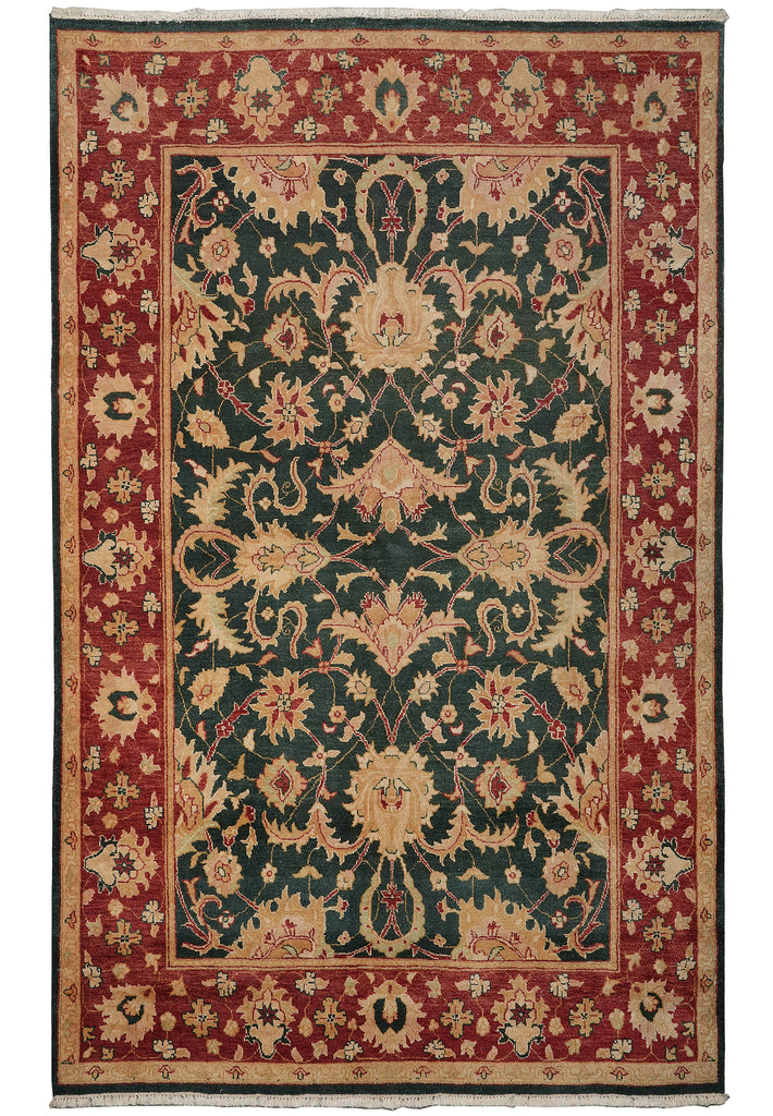 A traditional oriental area rug with a dark green central field, red borders, and beige floral motifs.