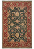 Load image into Gallery viewer, A traditional oriental area rug with a dark green central field, red borders, and beige floral motifs.