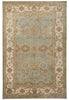 Load image into Gallery viewer, A traditional rectangular area rug with an ornate central medallion and floral motifs, featuring a light blue field, beige and cream borders, and muted rust-brown accents.