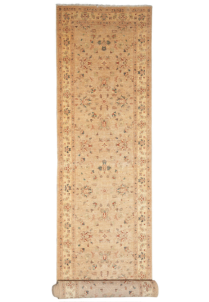 4' x 23.3'  Handmade Chobi Peshawar Beige Gold Long Runner