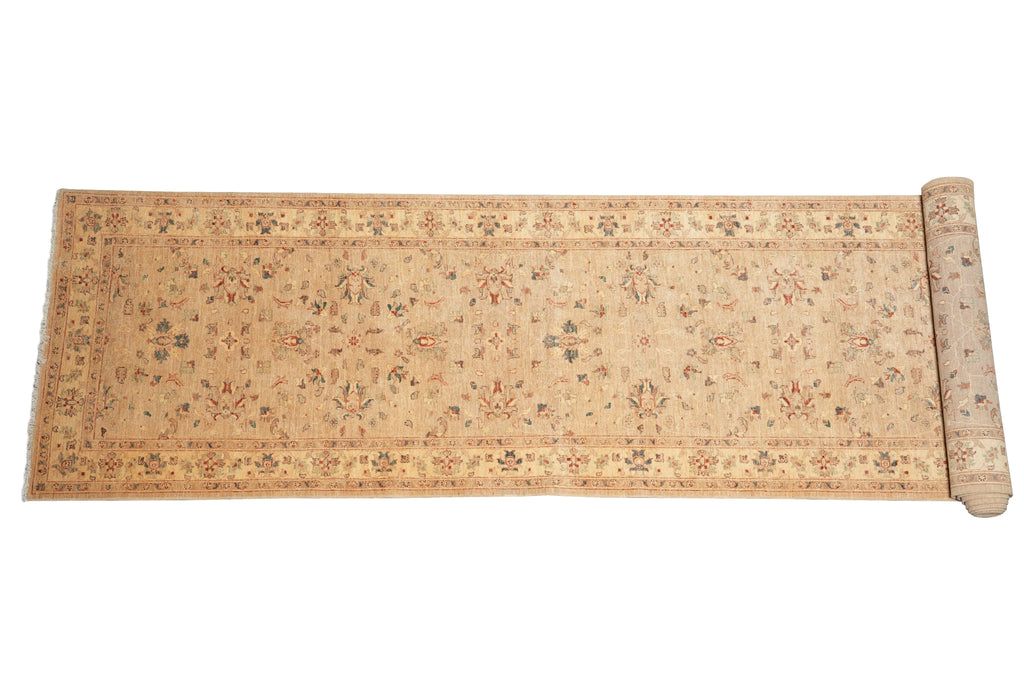 4' x 23.3'  Handmade Chobi Peshawar Beige Gold Long Runner