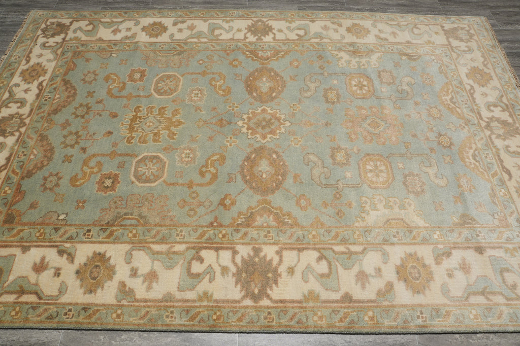 A rectangular area rug with a traditional medallion and floral pattern in muted sage green, beige, and brown tones, laid flat on a dark gray floor.