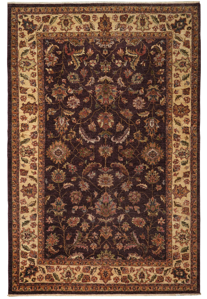 A traditional oriental-style area rug with an intricate floral and vine pattern, featuring a dark brown central field and a wide beige border.