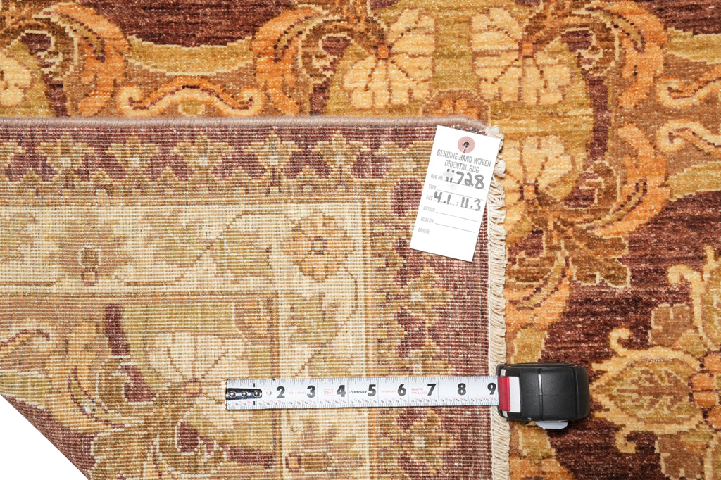 4 x 11.3 Natural Hand-knotted Ghazni Wool Runner Brown #PIX-11728