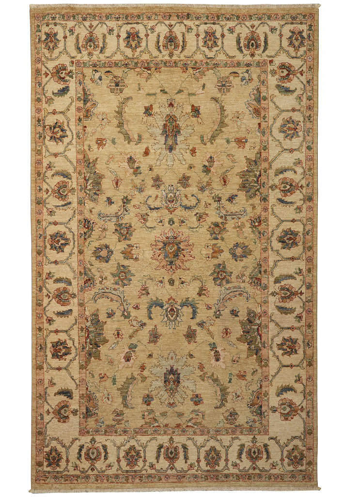 A traditional oriental-style area rug with an intricate floral and medallion pattern in beige, brown, and muted blue tones, shown flat against a white background.