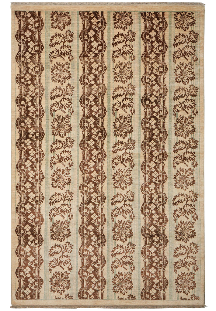 A rectangular area rug with a traditional vertical striped pattern featuring floral motifs in dark brown and beige.