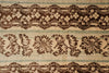 Load image into Gallery viewer, A close-up of a woven textile pattern featuring dark brown floral and lace-like horizontal bands over a beige and muted blue striped background.