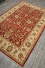 Load image into Gallery viewer, A traditional oriental area rug with a deep red central field and a beige border, displayed on a gray wood-look floor.