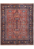 Load image into Gallery viewer, A traditional oriental area rug with a dusty red center field, navy blue borders, and beige floral motifs, shown flat against a white background.
