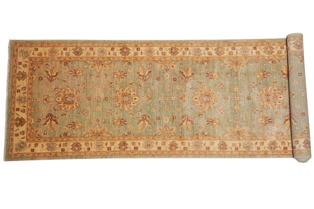 4 x 17.9 Feet Long Wide Handmade Runner Green Gold #PIX-10484