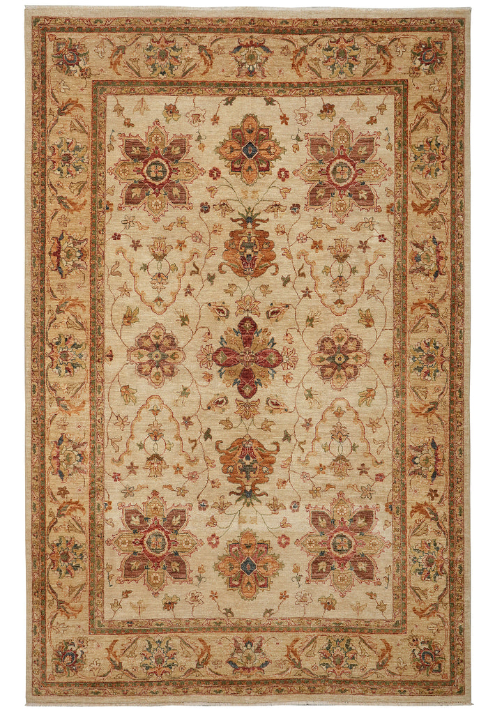 A traditional oriental area rug with an intricate floral and geometric pattern in beige, brown, and muted red tones, shown flat against a white background.