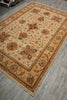 Load image into Gallery viewer, An oriental-style area rug with a beige background and intricate floral motifs in rust red, brown, and muted green, shown laid out on a gray tiled floor.