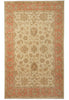 Load image into Gallery viewer, A traditional oriental-style area rug with an intricate floral and medallion pattern, featuring a warm beige center, a coral-red inner border, and a beige outer border.