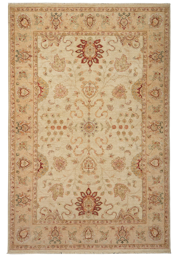 A rectangular area rug with an ornate traditional floral and medallion pattern, featuring a warm beige background with red, brown, and muted green accents.
