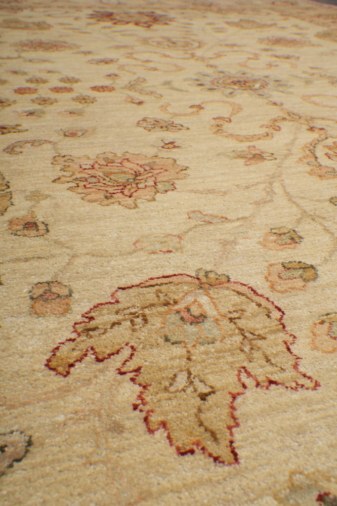 Close-up of a beige patterned rug with floral and scroll motifs in muted red, tan, and brown tones.