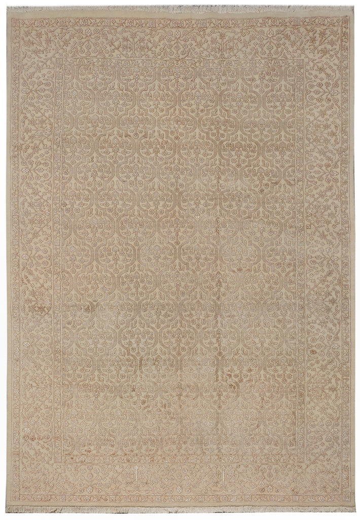 A square beige area rug with a faded, low-contrast traditional floral pattern and subtle fringes on the top and bottom edges.