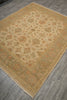 Load image into Gallery viewer, A rectangular area rug with an intricate traditional floral pattern, shown laid out on a gray wood-look floor. The rug features a warm beige center, a muted sage green border, and accents of terracotta and rust orange.