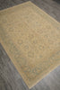 Load image into Gallery viewer, A rectangular area rug with a beige and muted blue-gray floral pattern, shown from an overhead angle on a gray wood-look floor.