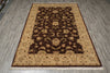 Load image into Gallery viewer, A rectangular area rug with a traditional floral pattern, featuring a dark brown center, a beige inner border, and a wider light beige outer border, laid out on a gray wood-look floor.