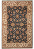 Load image into Gallery viewer, A traditional oriental-style area rug with a dark navy blue central field, beige and cream borders, and intricate floral motifs in rust, tan, and brown.