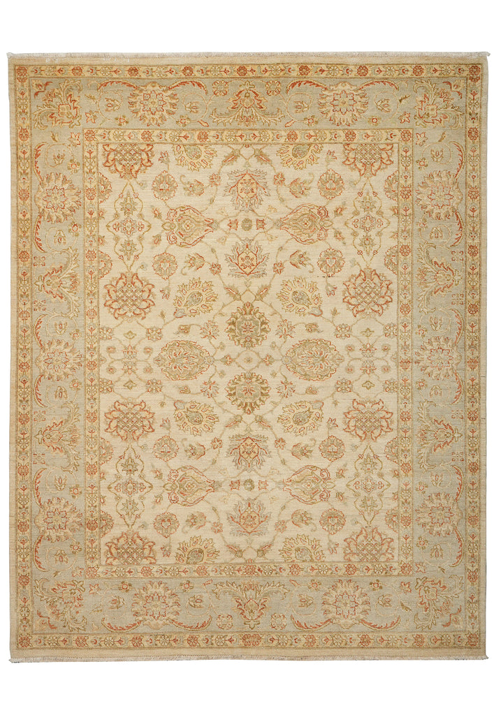 A traditional oriental-style area rug with an intricate floral and medallion pattern in beige, cream, and muted rust orange tones, shown flat against a white background.