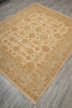 Load image into Gallery viewer, A rectangular area rug with an intricate floral and botanical pattern in beige, tan, and muted orange, laid out on a gray wood-look floor.