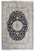 Load image into Gallery viewer, A traditional oriental area rug with a dark navy blue central medallion and intricate cream, beige, and light blue floral patterns in a rectangular field with fringed edges.