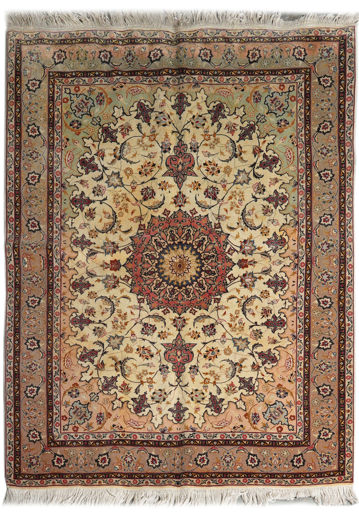 A traditional oriental-style area rug with a central medallion and floral motifs, featuring a beige center field, a muted green inner border, and a reddish-brown outer border with white fringe on the top and bottom.