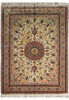 Load image into Gallery viewer, A traditional oriental-style area rug with a central medallion and floral motifs, featuring a beige center field, a muted green inner border, and a reddish-brown outer border with white fringe on the top and bottom.