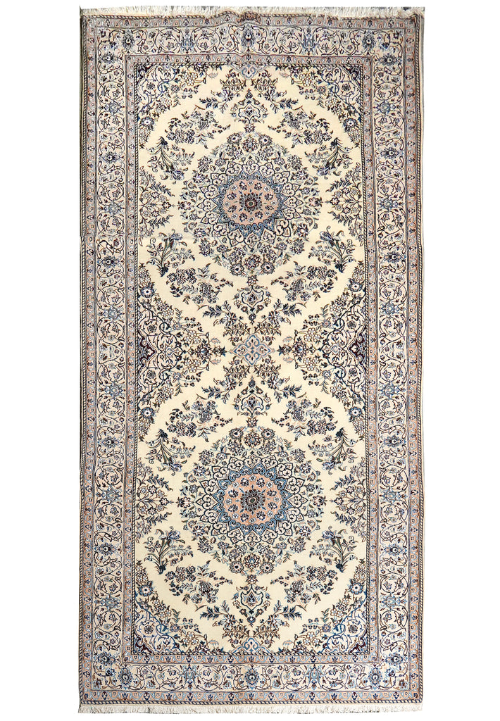 A traditional oriental area rug with an intricate floral pattern, featuring a cream center field, two large medallions, and a detailed border in shades of blue, gray, and brown.