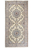 Load image into Gallery viewer, A traditional oriental area rug with an intricate floral pattern, featuring a cream center field, two large medallions, and a detailed border in shades of blue, gray, and brown.